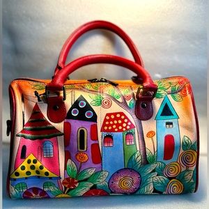 ANUSCHKA VILLAGE OF DREAMS HAND PAINTED LEATHER ORGANIZER SATCHEL PURSE